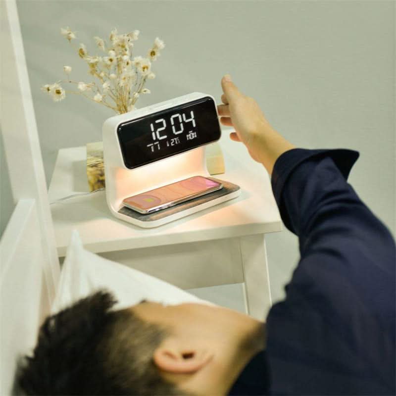 Unisex touch control LED desk lamp with wireless charging base & integrated alarm clock. Modern home decor.