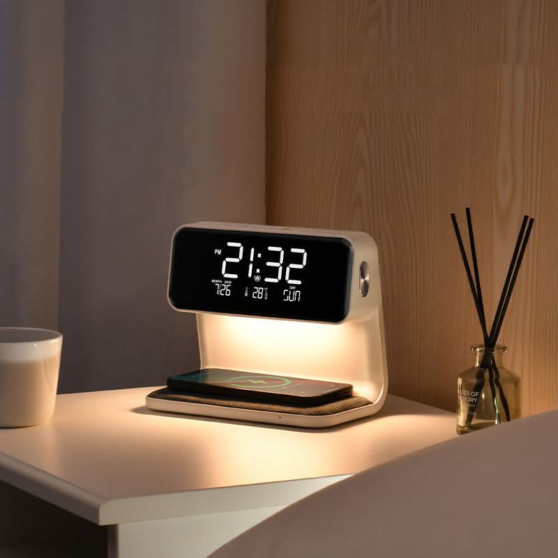 Minimalist 3-in-1 LED lamp with wireless charger, digital alarm clock, and touch control night light.