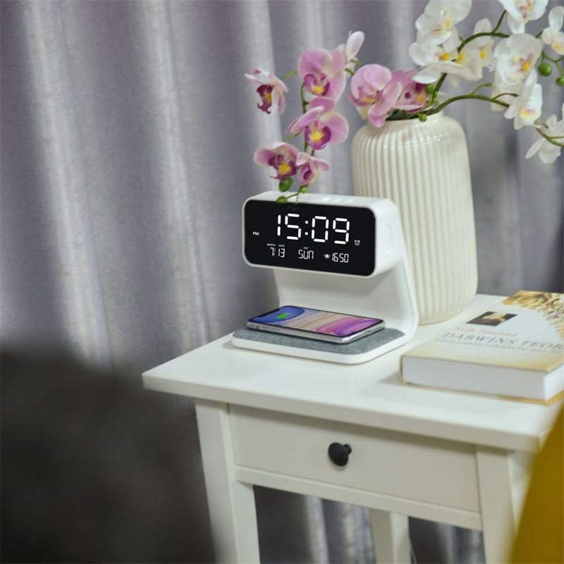 Multi-functional electronics: Wireless phone charger, LED lamp, and alarm clock in one sleek device.