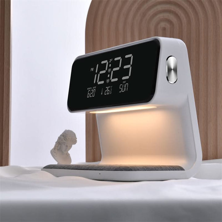 Elegant 3-in-1 minimalist device: LED lamp, wireless charger, and alarm clock for modern home decor.