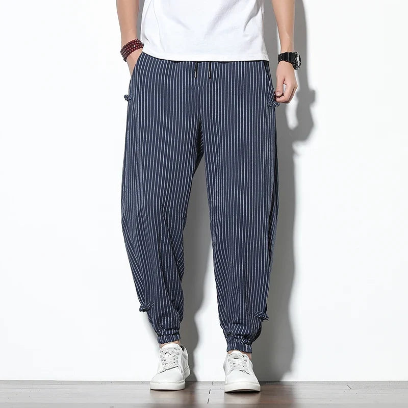 Fashionable men's Kaizen striped joggers. Modern casual wear, comfortable & stylish for daily outfits.