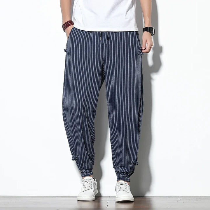 Fashionable men's Kaizen striped joggers. Modern casual wear, comfortable & stylish for daily outfits.