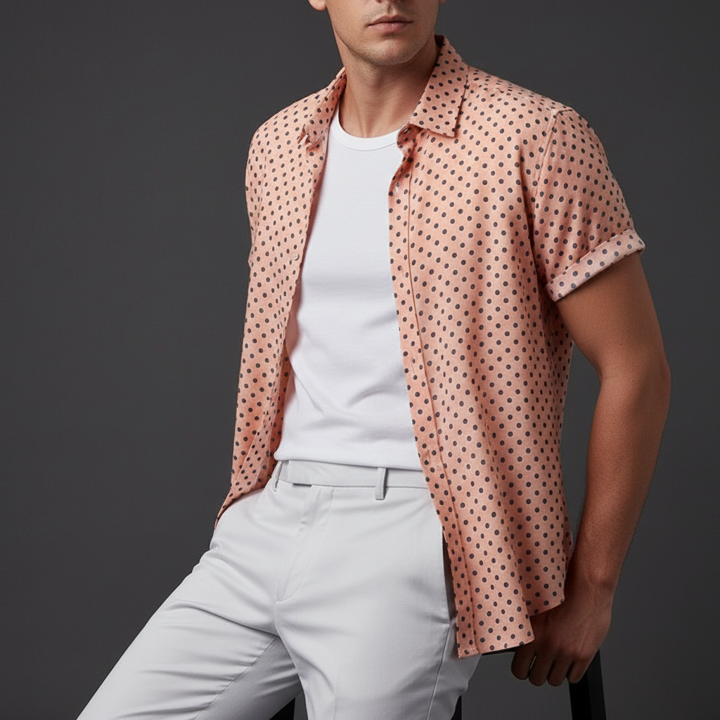 Relaxed fit men's button-up cabana shirt in a classic polka dot print for summer elegance.