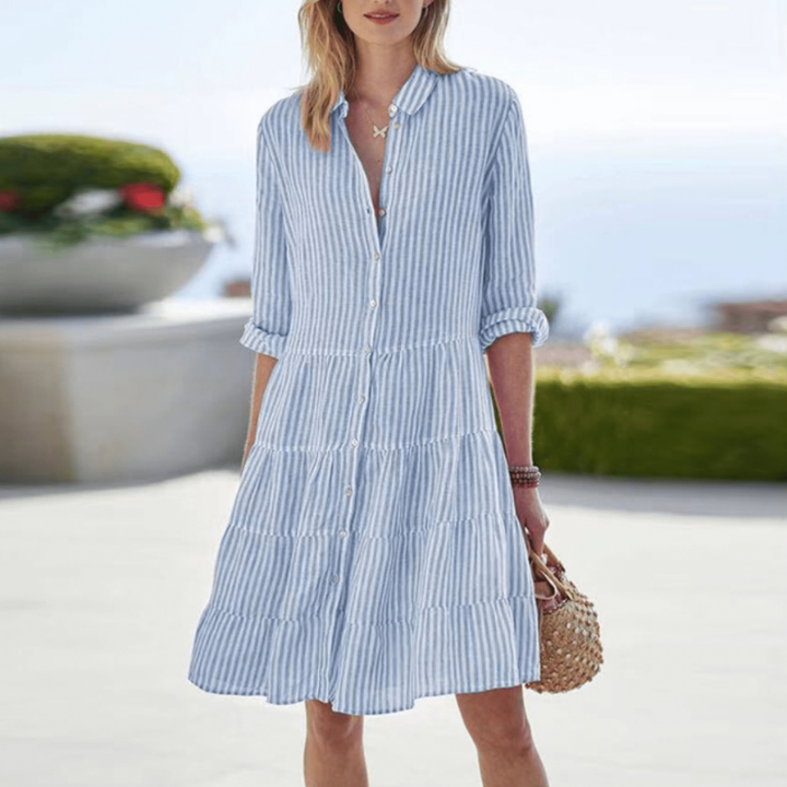 Stylish women's striped tiered summer dress, a collared button-down design with three-quarter sleeves for day.