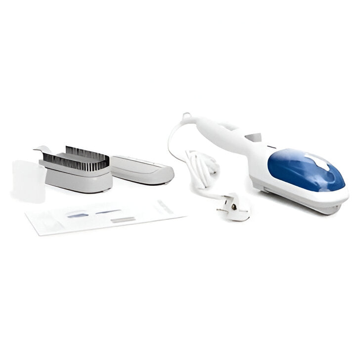 Portable garment steamer with brush attachment, designed for efficient wrinkle removal and versatile fabric care.