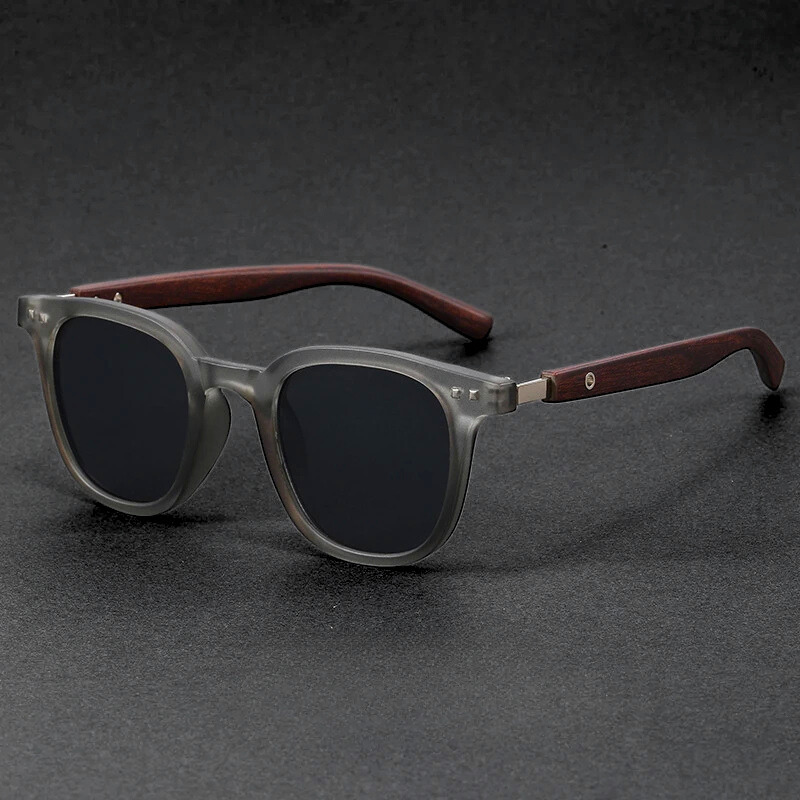Durable unisex shades featuring black acetate frames and unique wooden temples.