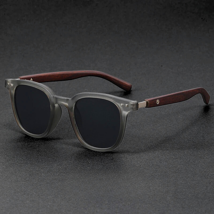 Durable unisex shades featuring black acetate frames and unique wooden temples.