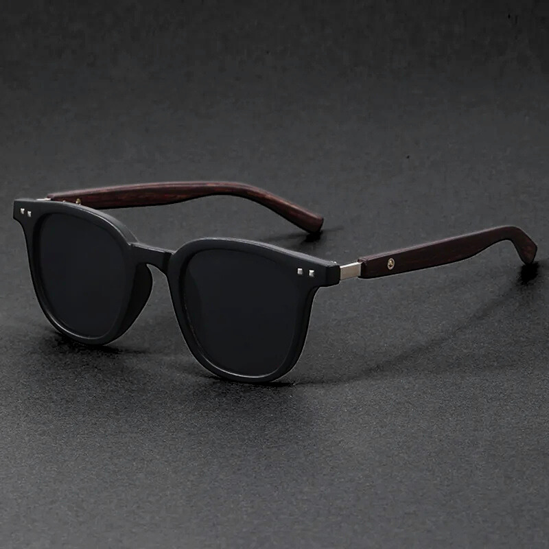 Modern unisex shades with a polished acetate front and distinctive wooden side arms.