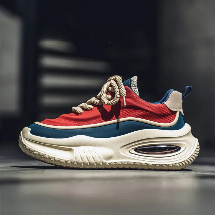 Men's Dynasty retro comfort sneakers in red, beige & camel. Stylish for walking, athletic wear, and casual fashion.