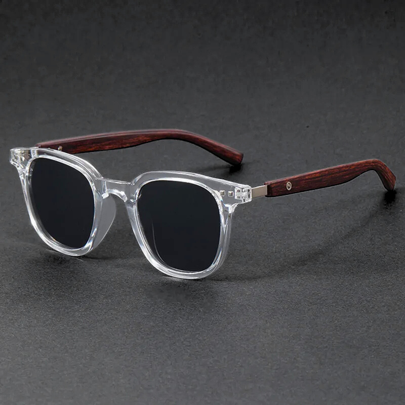 Sleek unisex acetate sunglasses with natural wooden arms, offering stylish UV protection.