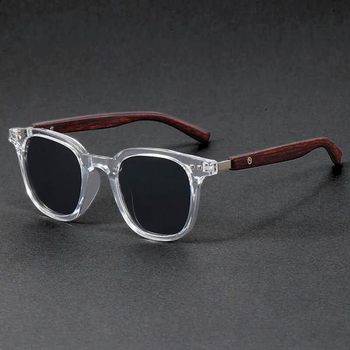 Sleek unisex acetate sunglasses with natural wooden arms, offering stylish UV protection.