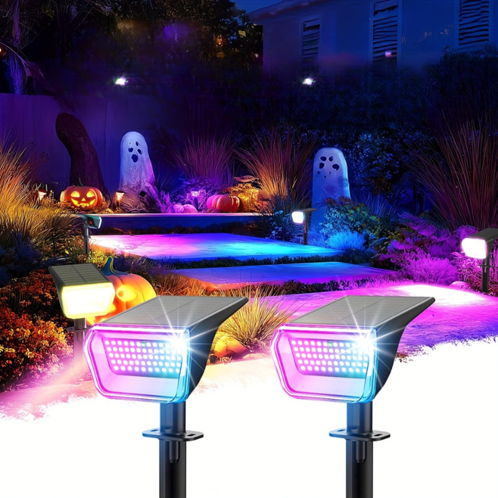 Vibrant solar LED garden spotlights, waterproof for outdoor landscape & yard lighting.