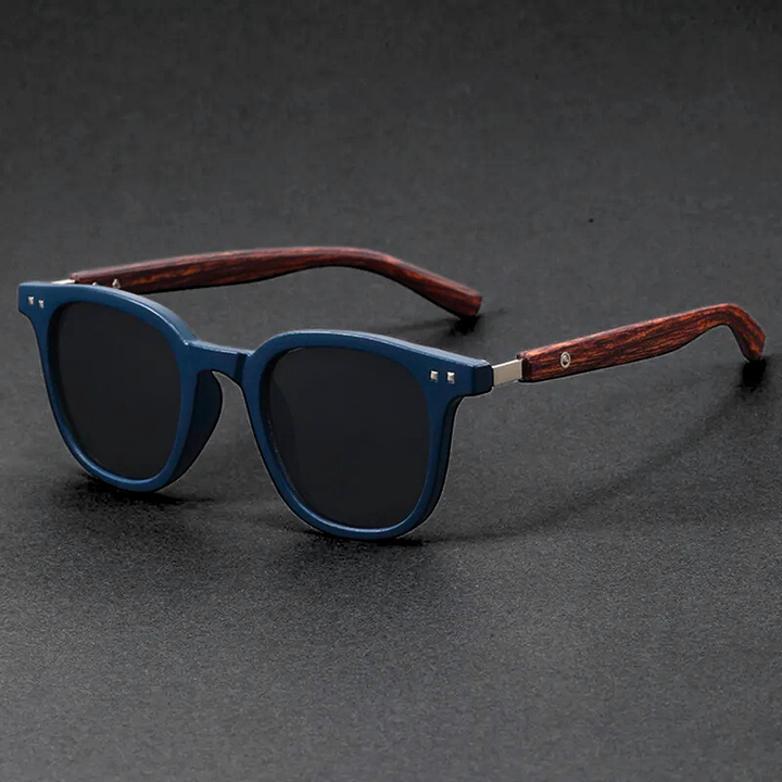 Stylish eyewear: black acetate sunglasses with elegant wooden arms & UV protection.