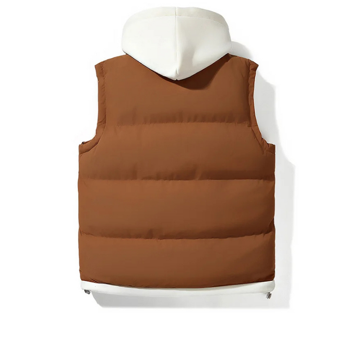 Stylish men's sleeveless puffer jacket with hood, perfect for everyday casual layering & outdoor wear.