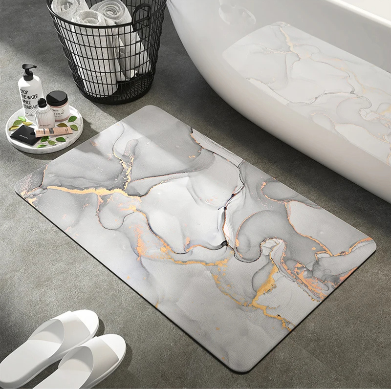 Elegant marble pattern bath mat, non-slip and absorbent, perfect for luxury bathroom decor and hygienic home essentials.