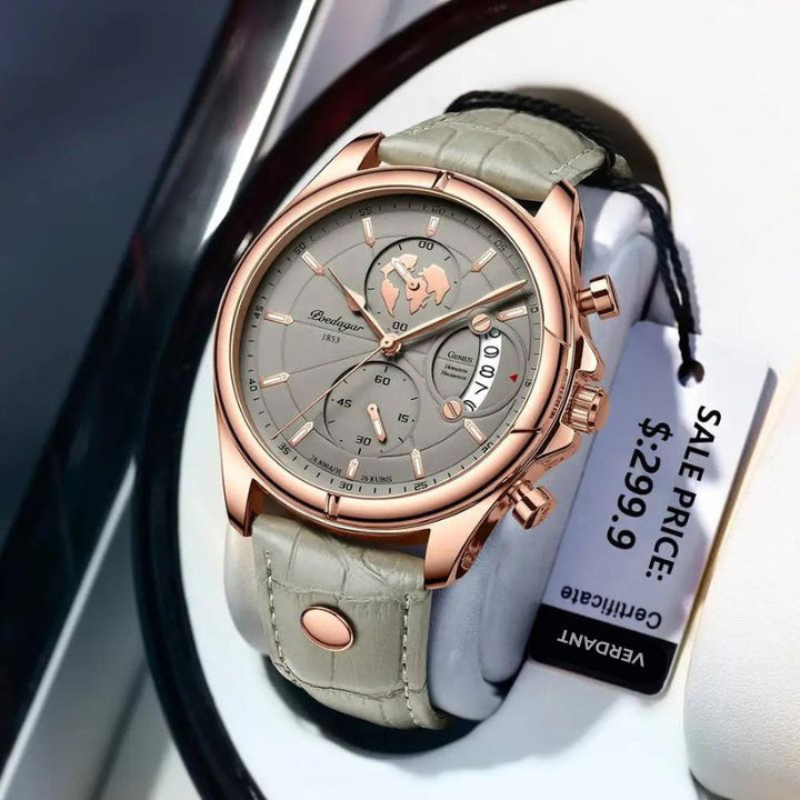 Elegant men's rose gold watch, a classic stainless steel timepiece with a three-dial face, water-resistant.