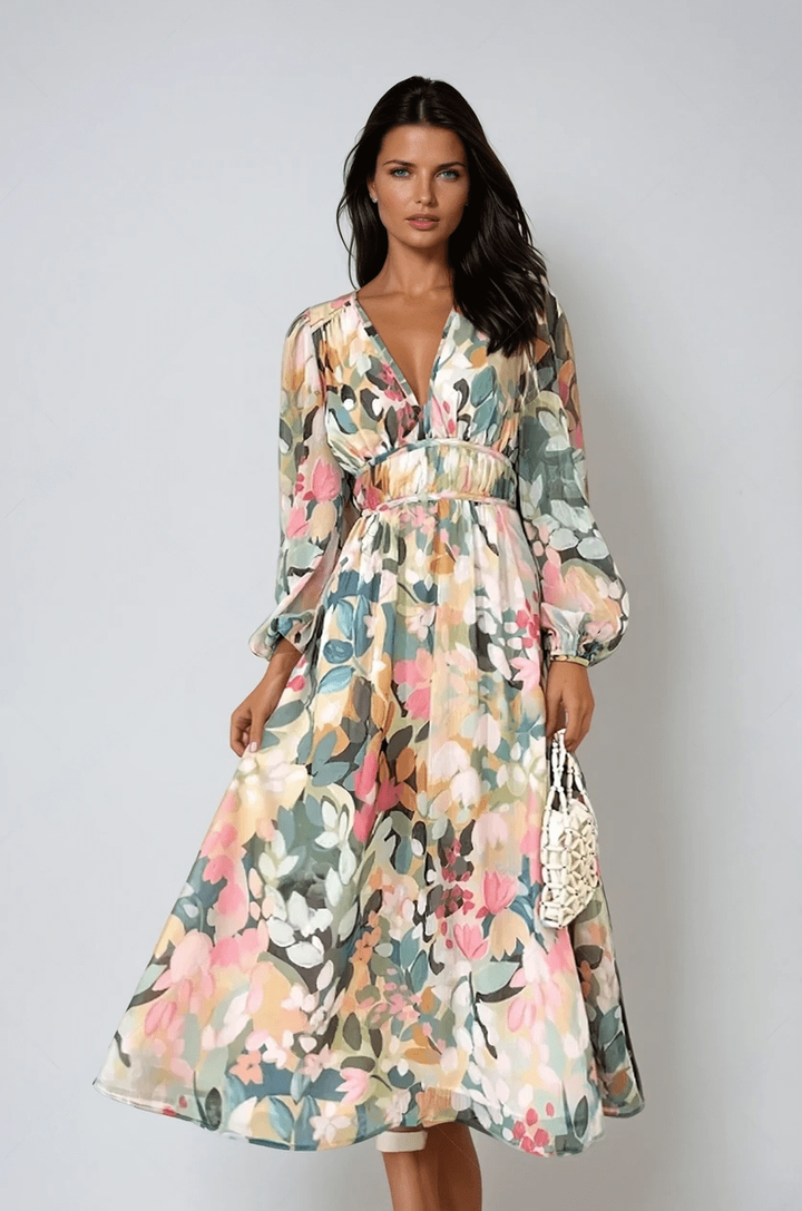 Women's elegant floral midi dress with puff sleeves & V-neck, perfect for spring/summer occasions & parties.