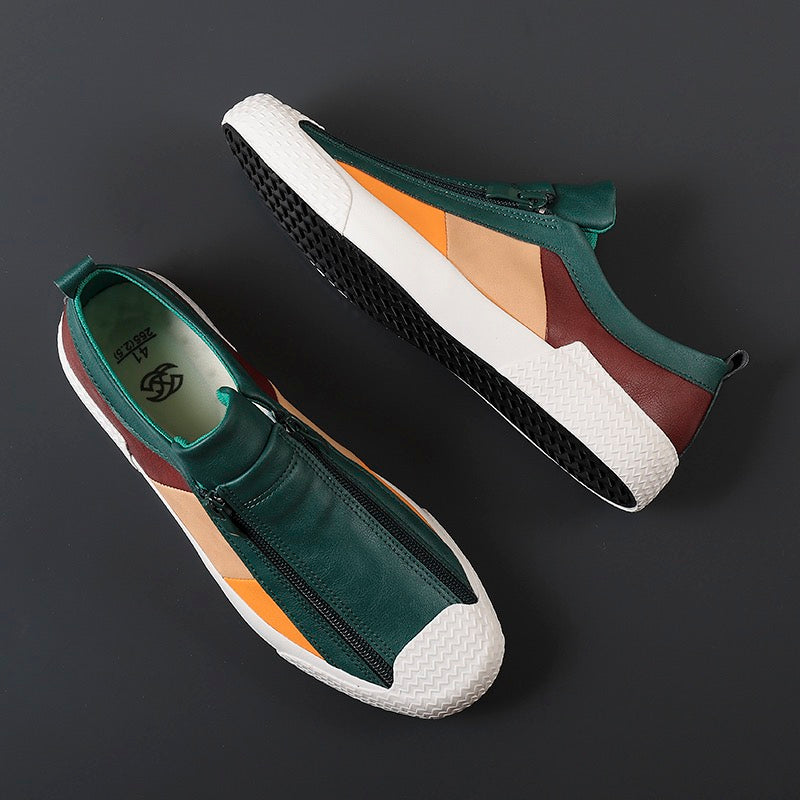 Dynamic shot of men's color block sneakers, showcasing comfort, flexibility & stylish design.