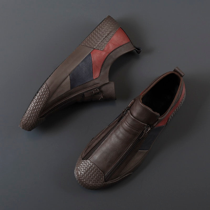 Back view of men's comfortable color block sneakers, textured sole visible.