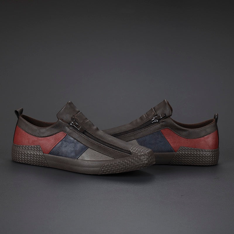 Front view of stylish men's color block fashion sneakers with cushioned sole.