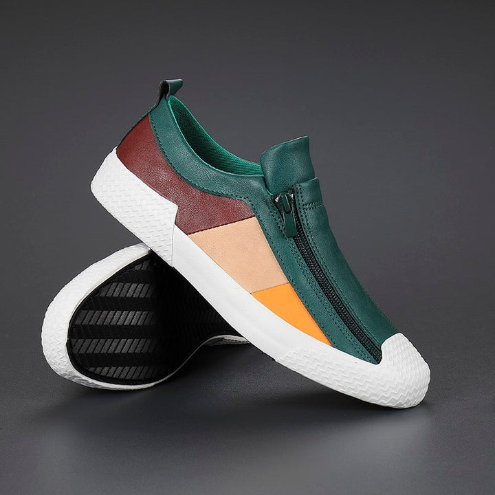 Men's color block fashion sneakers with convenient zipper closure & cushioned comfort.