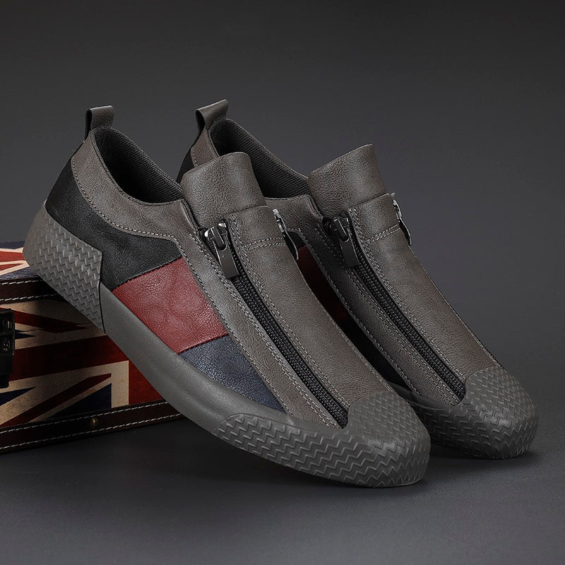 Detail of the modern color block upper on men's cushioned fashion sneakers.