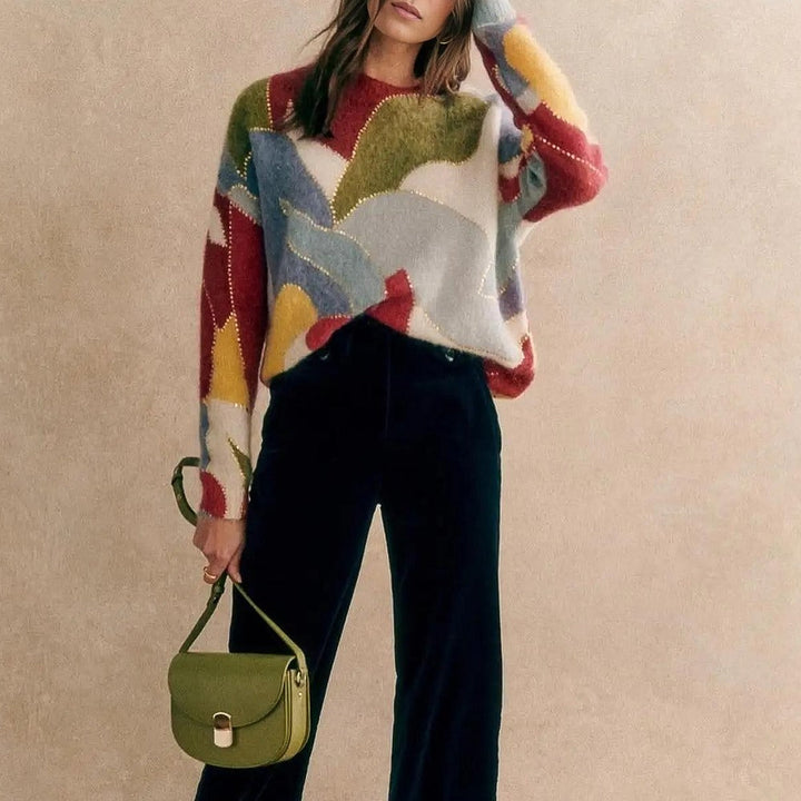 New arrival: Women's elegant soft textured patchwork sweater. Stylish long-sleeve crewneck for fall/winter outfits.