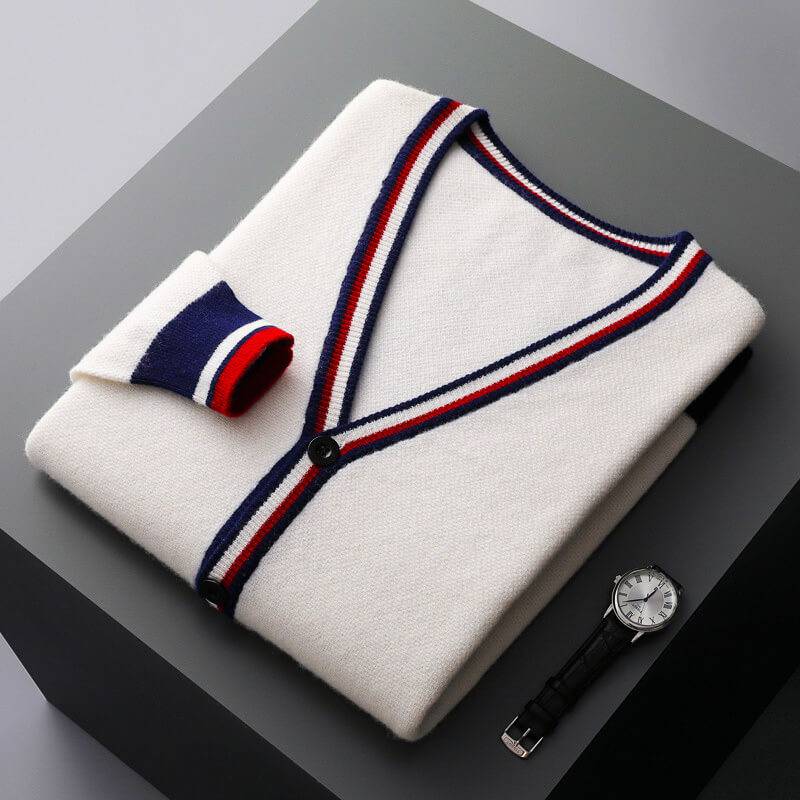 Comfortable men's striped V-neck knit cardigan in deep blue & cream, perfect stylish layering piece.