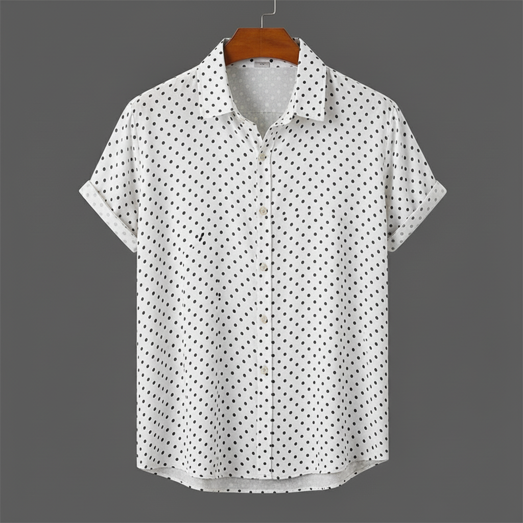 Men's summer vacation shirt: relaxed fit, polka dot, short sleeve, and classic cabana design.
