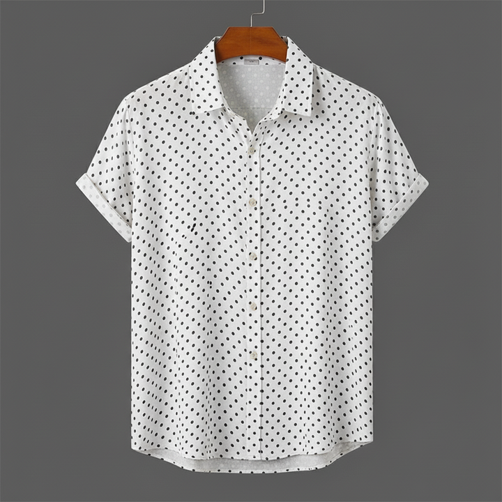 Men's summer vacation shirt: relaxed fit, polka dot, short sleeve, and classic cabana design.