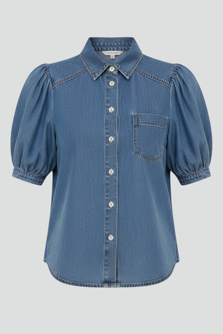 Chic women's blue puff sleeve button-up shirt, casual top for everyday style.
