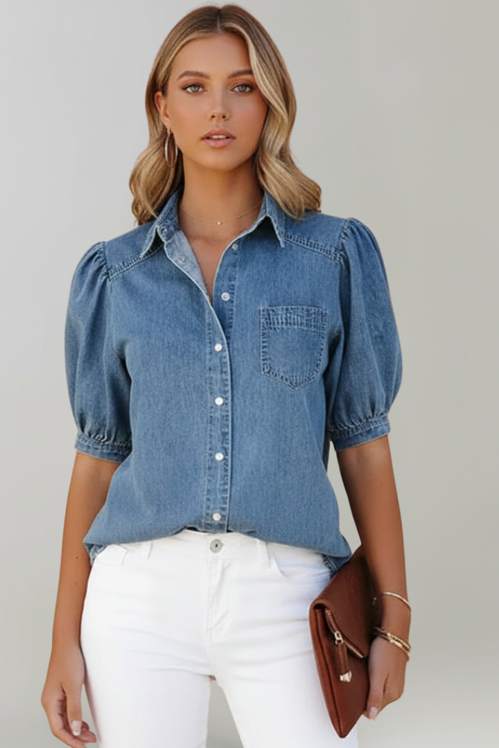 Loose fit women's blue puff sleeve fashion blouse with classic collar, perfect for casual chic apparel.