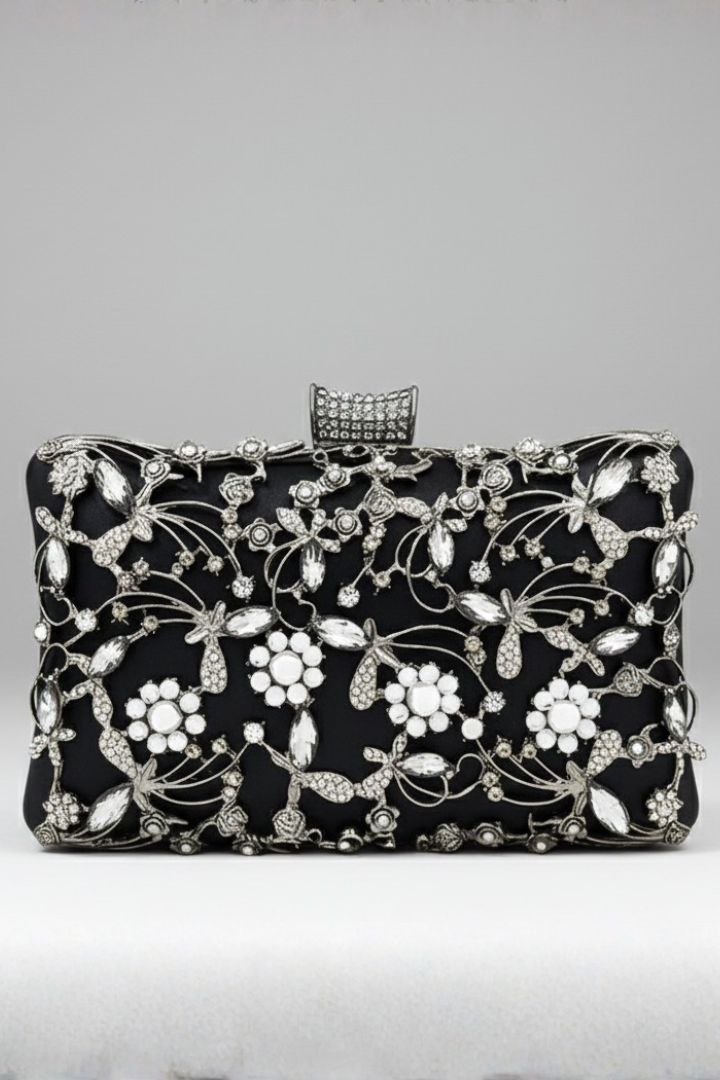 Sophisticated women's formal party clutch bag, detailed with elegant embroidery & sparkling decorative stones.