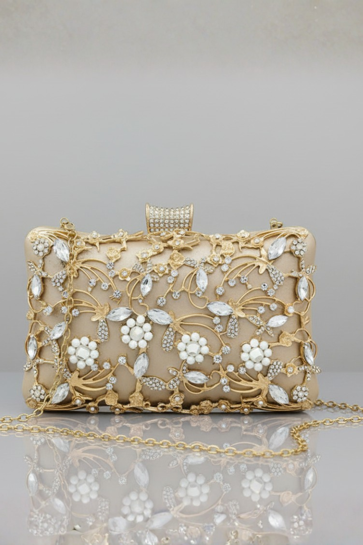 Chic women's special occasion clutch, a stylish handbag with beautiful embroidery & shimmering gem accents.