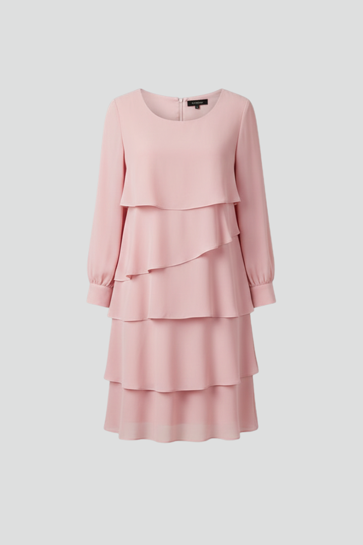 Elegant women's long sleeve tiered dress with round neck, perfect for parties & fashion events.