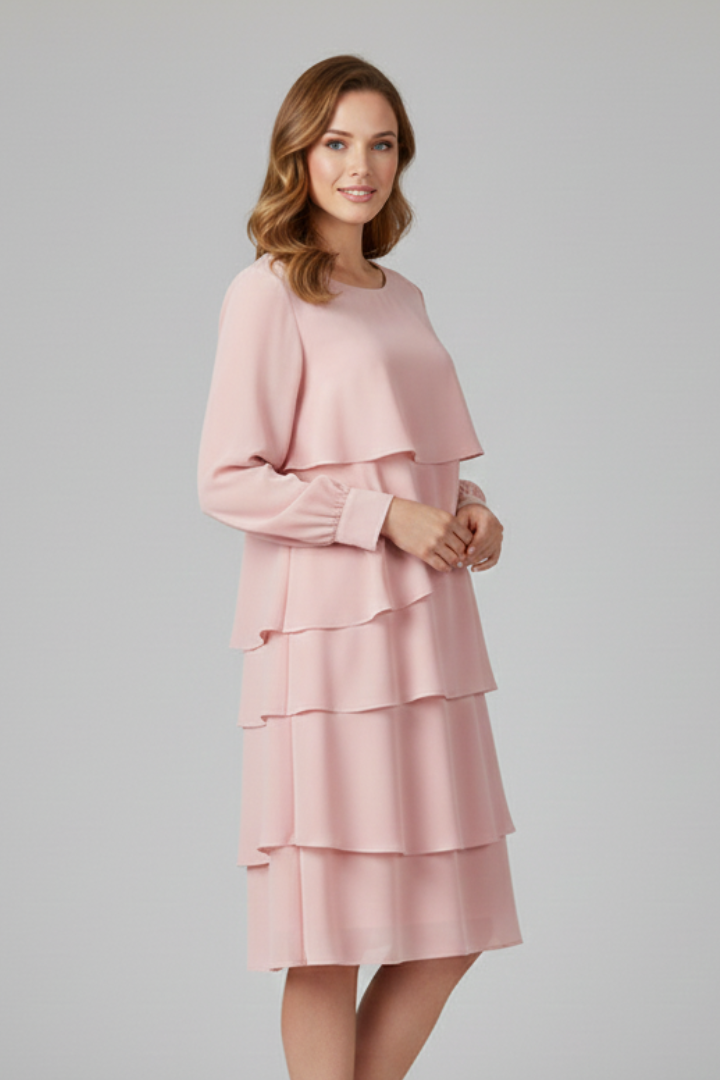 Blue long sleeve tiered dress for women, round neck elegant style, ideal for fashion & parties.