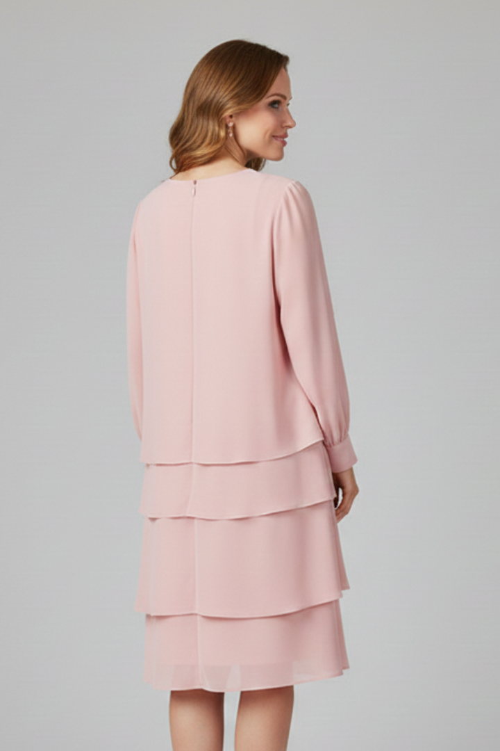 Black women's elegant long sleeve tiered dress, knee-length, versatile for casual wear or parties.