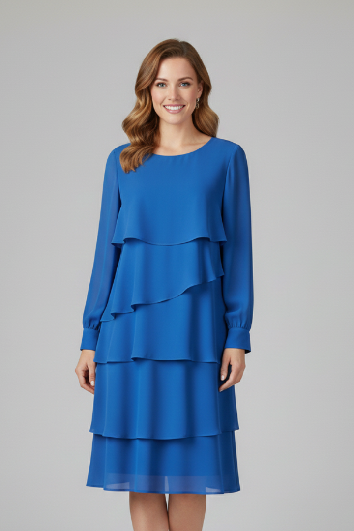 Red elegant women's tiered dress with long sleeves & round neck, a fashionable party or casual choice.