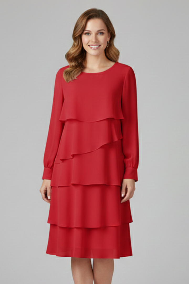 Fashionable women's casual long sleeve tiered dress, elegant round neck style, perfect knee-length fit.