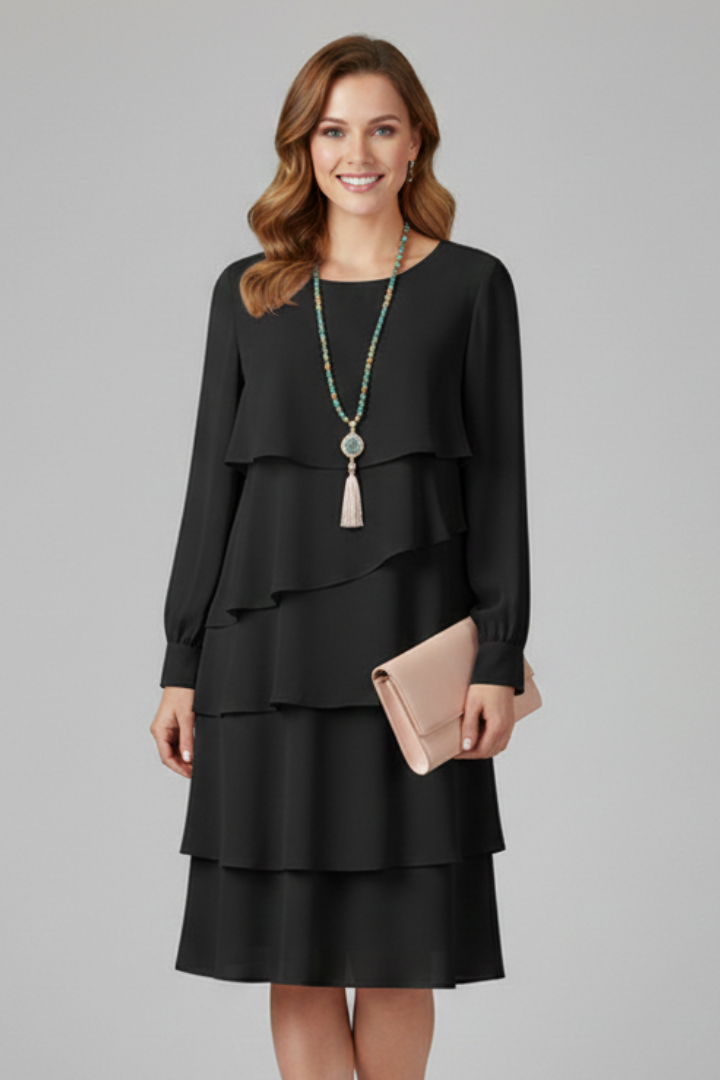 Women's elegant tiered long sleeve dress, knee-length, with a chic round neck. Fashionable & versatile.