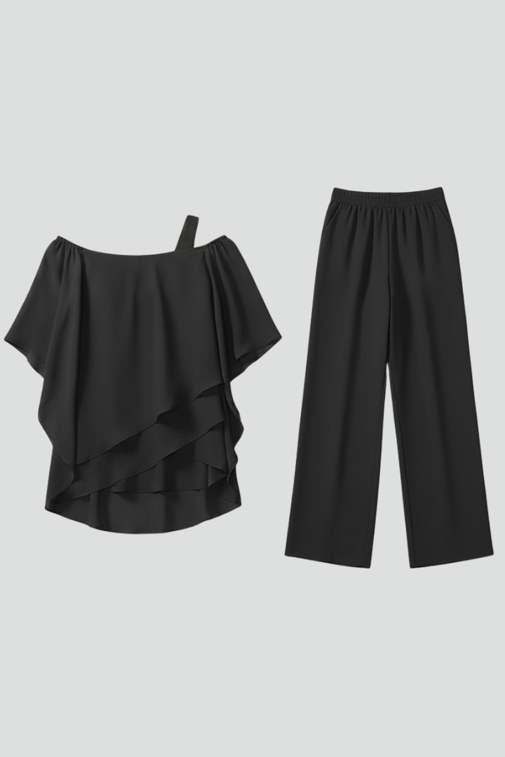 Stylish women's off-shoulder two-piece set with straight leg pants & elastic waist, perfect for versatile wear.