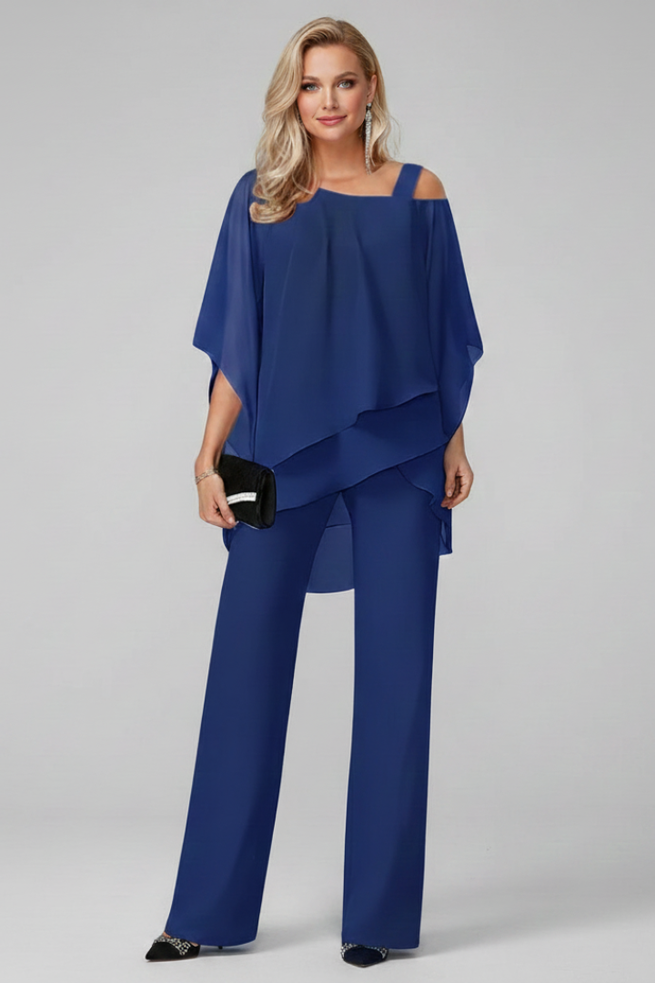 Chic women's two-piece set, off-shoulder design with straight leg pants, ideal for contemporary fashion.