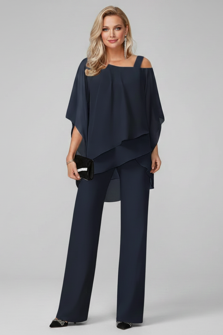 Complete women's off-shoulder outfit: stylish top paired with comfortable straight leg pants.