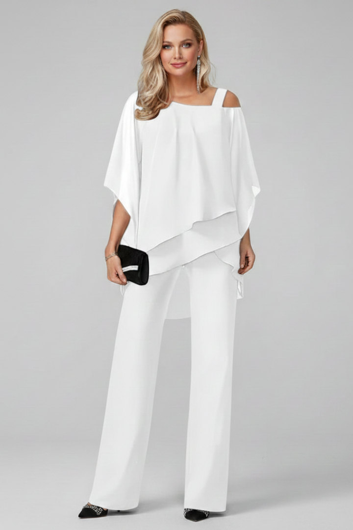 Fashionable women's off-shoulder top and elastic waist straight leg pants set for ultimate comfort.
