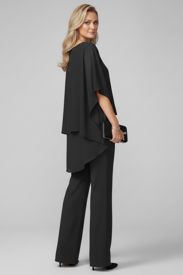 Effortless women's two-piece outfit featuring an off-shoulder top and comfortable straight leg pants.