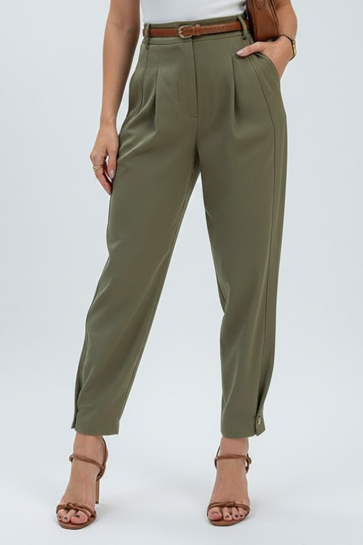 Green high-waisted tapered trousers for women, featuring a modern fit and pleated detail for a chic look.