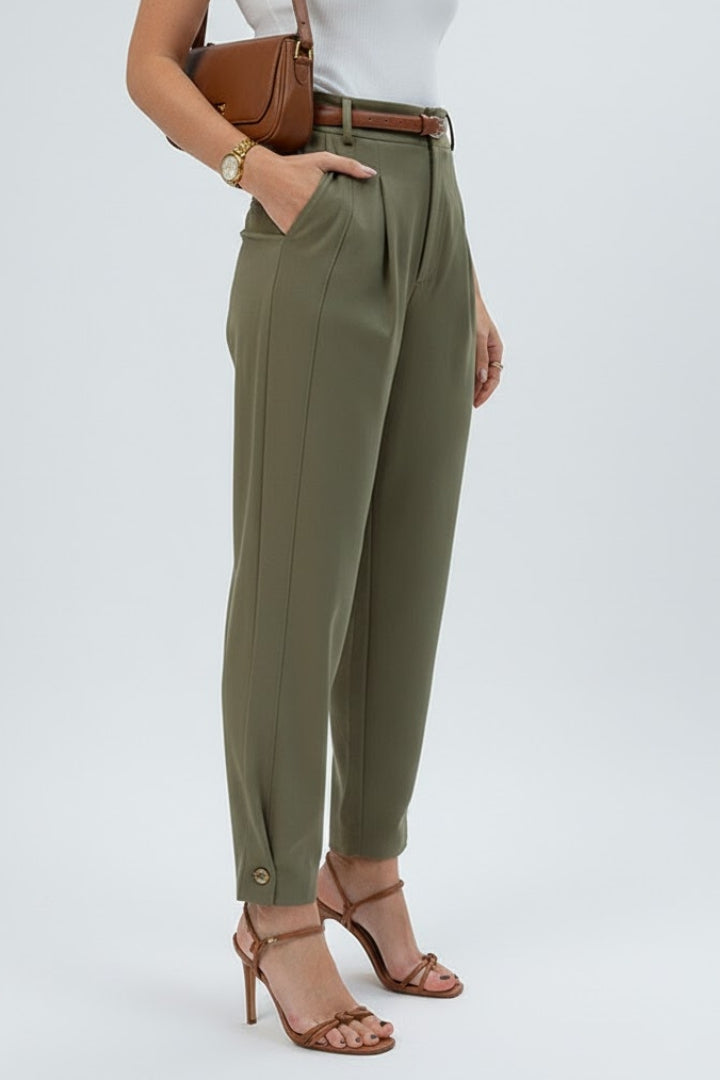 Brown women's high-waist tapered pants, ideal for versatile office wear or comfortable daily fashion.