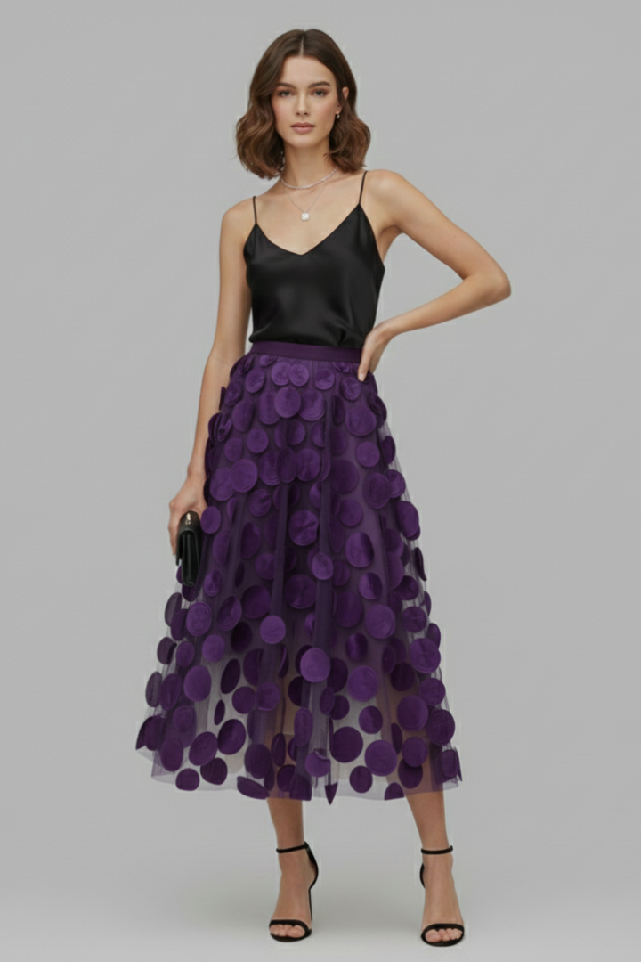 Classic polka dot print full midi skirt for women, featuring an elastic waist & A-line silhouette.