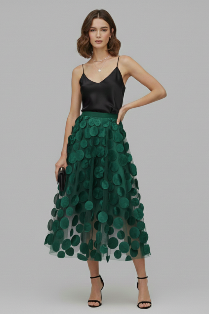 Flowy women's polka dot full skirt, a stylish midi with comfortable elastic waist for elegance.