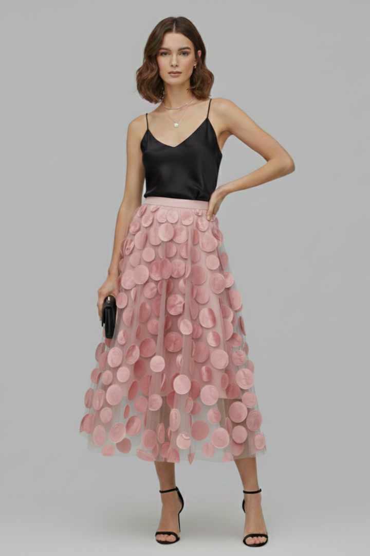 Women's stylish polka dot full A-line midi skirt with elastic waist for elegant & casual wear.